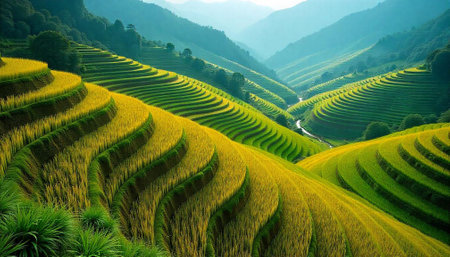 Golden rice terraces cascade down a green mountain landscapeの写真素材