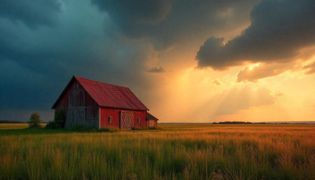 Dramatic countryside barn in field under stormy sunset sky