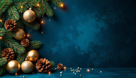 Elegant Christmas backdrop with ornaments, pine cones, and string lights