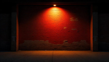 Urban brick wall under warm spotlight creating dramatic scene