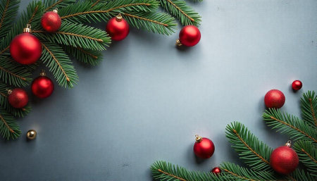Festive Christmas decoration with red ornaments and fir branches