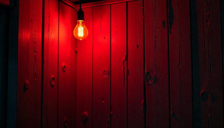 Illuminated lightbulb hangs in the corner of a wood roomの写真素材