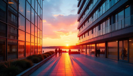 Sunset Over Waterfront Promenade With Modern Architecture and People