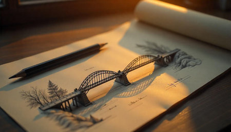 Pencil drawing of a bridge on open sketchbook with shadowの写真素材