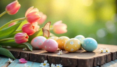 Pastel Easter eggs tulips and butterfly in springtime gardenの写真素材