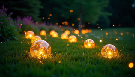 Magical glowing orbs on green lawn at dusk