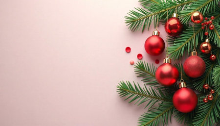 Festive Christmas arrangement with red ornaments and fir branchesの写真素材