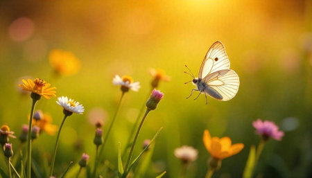 Butterfly in a meadow during golden hour lightの写真素材