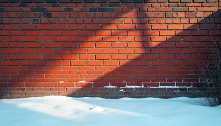 Red brick wall and fresh snow in winter sunlightの写真素材