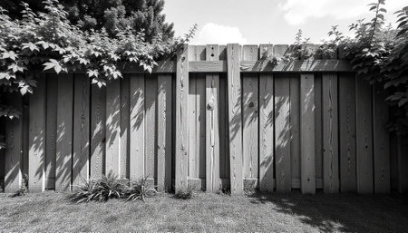 Monochrome wooden fence with foliage casting shadows in garden