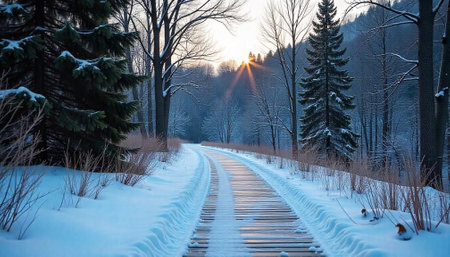 Snowy path through winter forest at sunset landscape scene