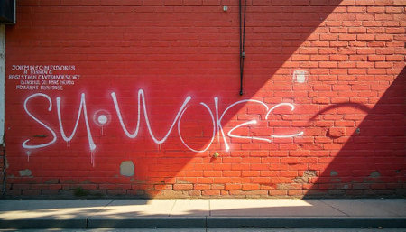 Urban brick wall with graffiti and sunlight, day timeの写真素材