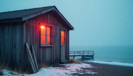 Winter cabin by the sea with warm interior lightsの写真素材