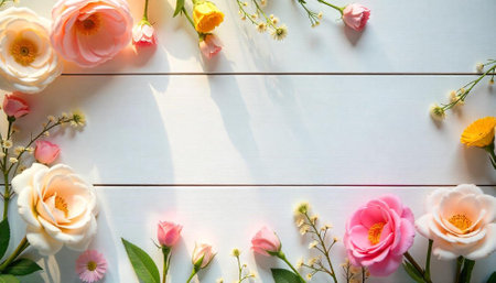 Pastel floral arrangement on white wooden background with copy spaceの写真素材