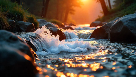 Serene river cascading over rocks at golden sunset hour