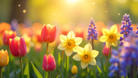 Spring flowers in warm sunlight, colorful blooms bokeh effectの写真素材