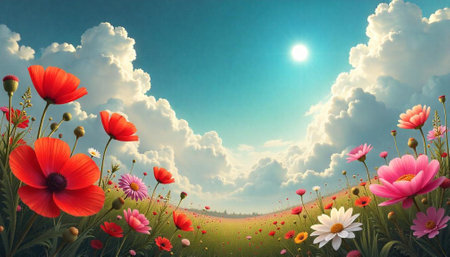 Vibrant wildflower meadow meets fluffy clouds on sunny day