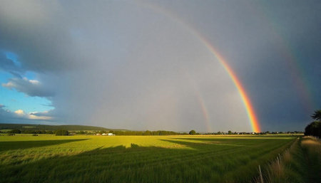 Double rainbow over green field after the rainstormの写真素材