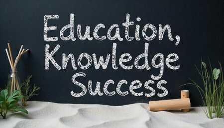 Blackboard with white words on sand with decorationsの写真素材