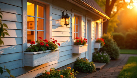 Charming white cottage bathed in warm golden sunset light