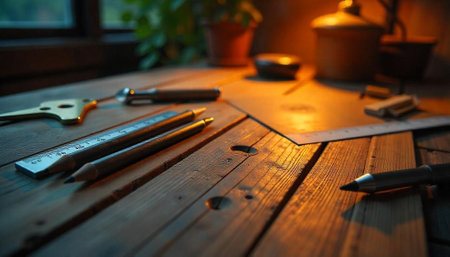 Artist tools on vintage wooden desk with warm lightingの写真素材