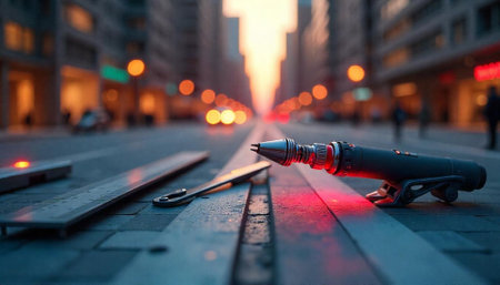 Cyberpunk tools on an urban street at duskの写真素材