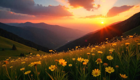 Mountain meadow sunset landscape with yellow flowers and skiesの写真素材