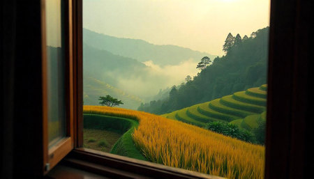 Rice terraces viewed through window, misty landscape sceneryの写真素材