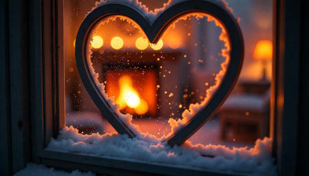 Snowy heart frame view into warm cozy fireplaceの写真素材