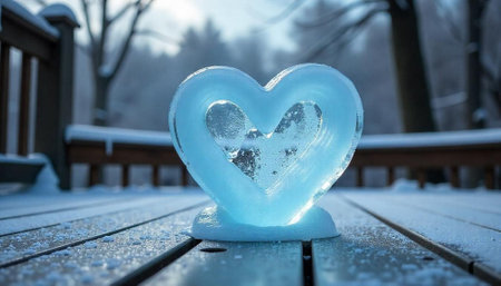 Icy heart sculpture melts on snowy deck in winter