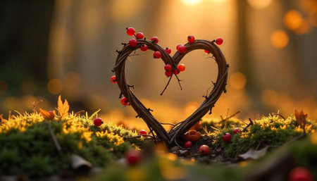 Heart shaped branch adorned with red berries in sunlightの写真素材