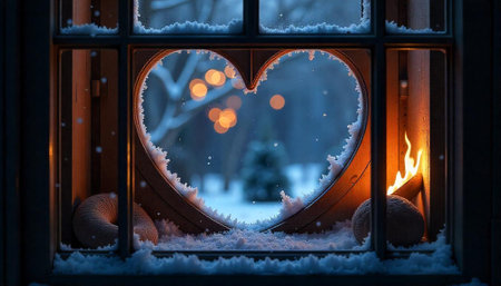 Winter wonderland seen through snow covered heart shaped windowの写真素材