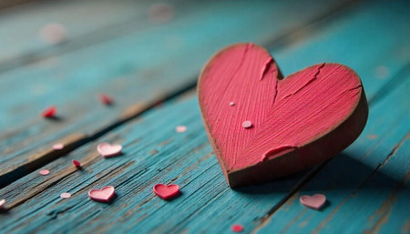 Pink heart on weathered blue boards, rustic love concept