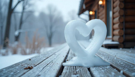 Frozen heart on snowy deck with cabin backdrop