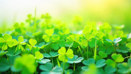 Abundance of vibrant green clovers growing in sunlit field