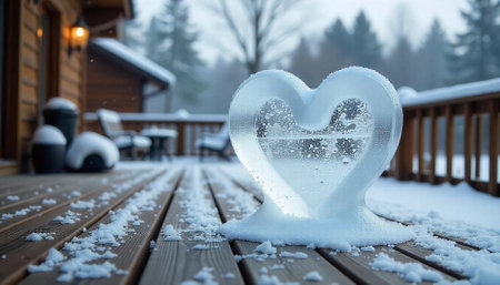 Frozen Heart on Deck in Snowy Winter Landscape Scene