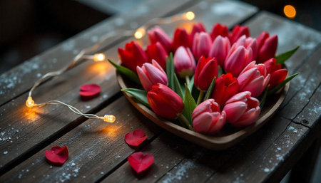 Valentine tulip arrangement on rustic wooden surface with lightsの写真素材
