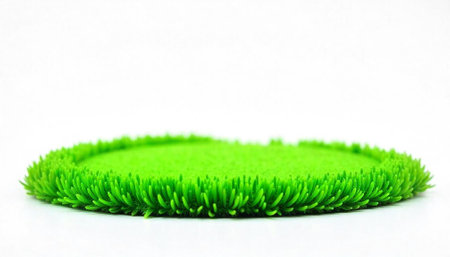 Green artificial grass surface, round platform, white background, studioの写真素材