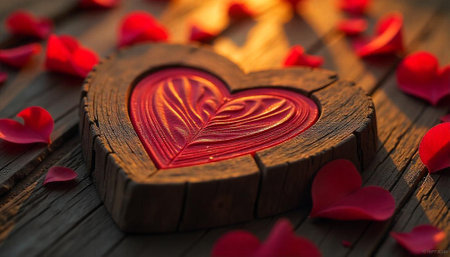 Rustic wooden heart with red petals on wood background