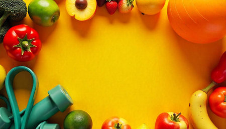 Healthy fruits and fitness equipment frame on vibrant yellow background