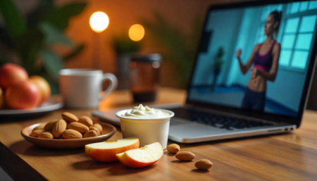 Healthy snack and online fitness class on laptop