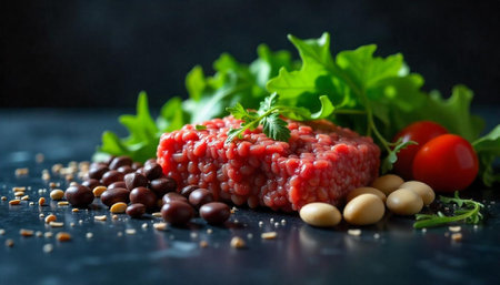 Fresh uncooked tartare steak with salad and vegetablesの写真素材