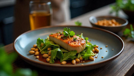 Grilled fish with fresh arugula, soy beans and beer
