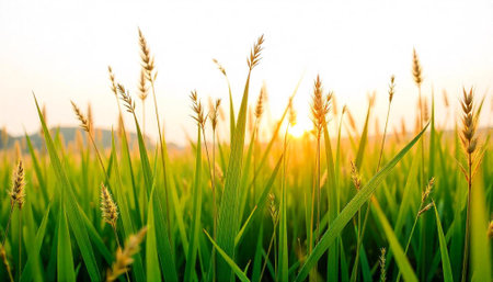 Grass and Wheat Field at Sunrise Low Angle View