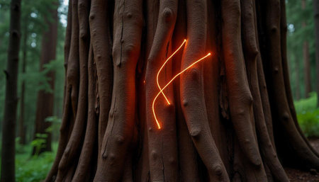 Ancient redwood tree with glowing light trail symbolの写真素材