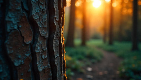 Sunlit tree bark in forest during warm sunset hourの写真素材