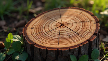 Tree stump close-up with rings and surrounding greeneryの写真素材