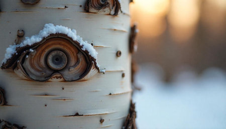 Close up of birch tree trunk with snow detailsの写真素材