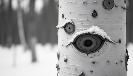Monochrome aspen tree trunk with snow and eye-like knotsの写真素材