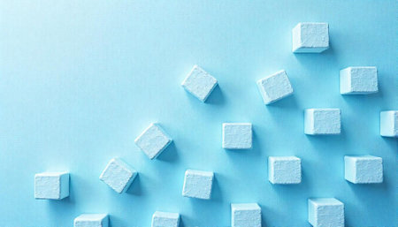 Geometric composition with white cubes against blue backgroundの写真素材